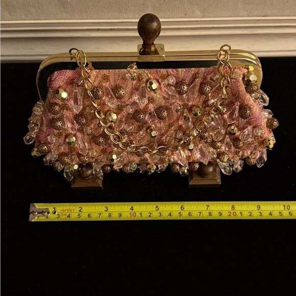 Rafe evening pink & silver jacquard.kiss lock purse clutch w beading VINTAGE - Picture 7 of 13